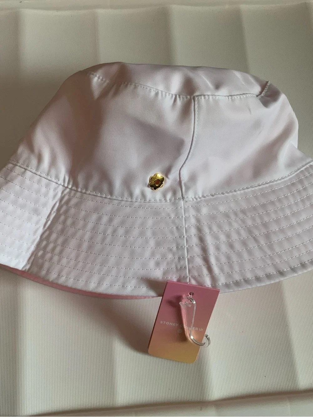 Stoney Clover Lane White/Pink Bucket Reversible Hat with Subtle Logo Tag